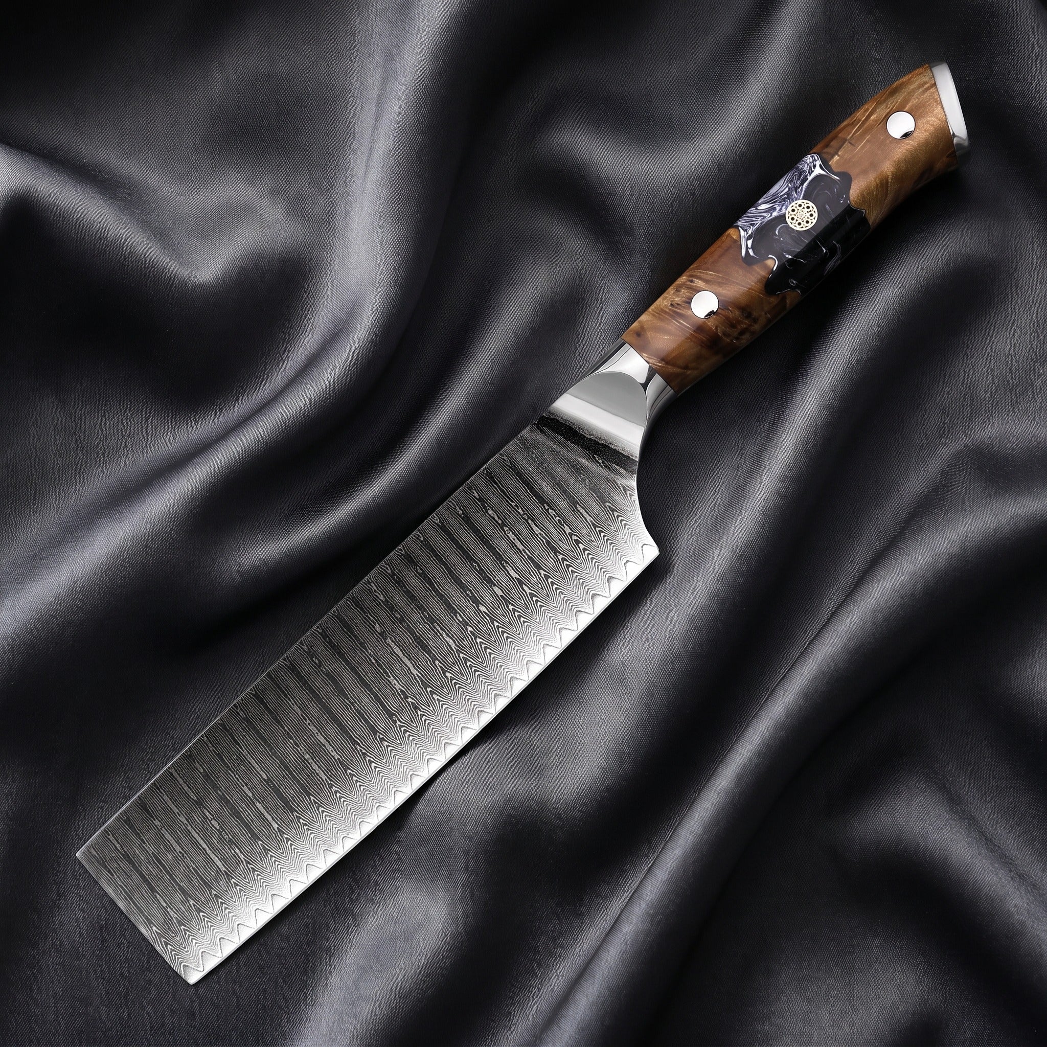 Hyoga Nakiri Knife · full blade on black silk