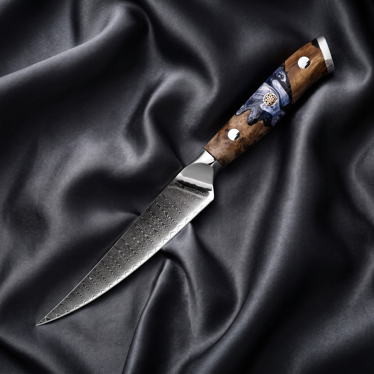 Hyoga Petty Utility Knife · full blade on black silk