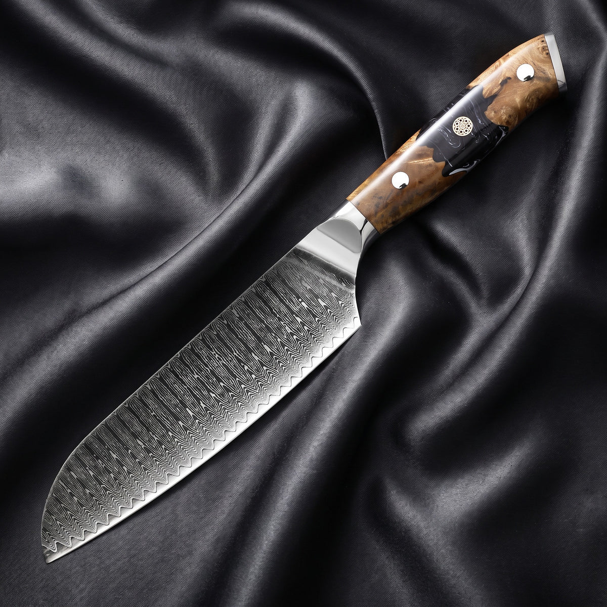 Hyoga Santoku Knife · full blade on black silk