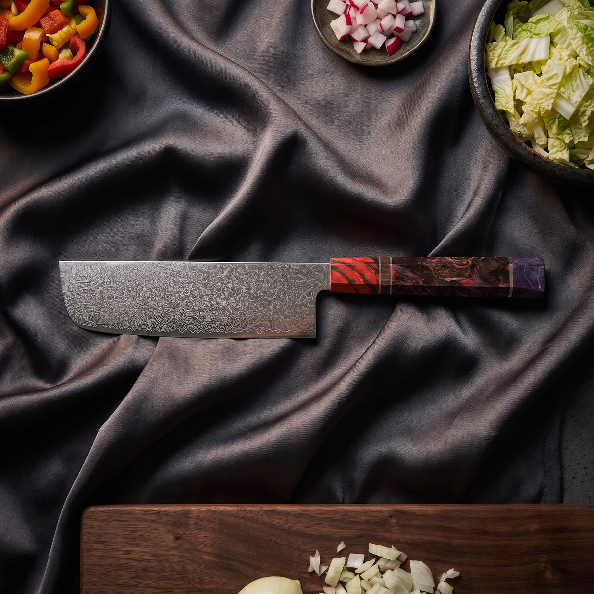 Kasumi Damascus Knife Set · Nakiri on the cutting board