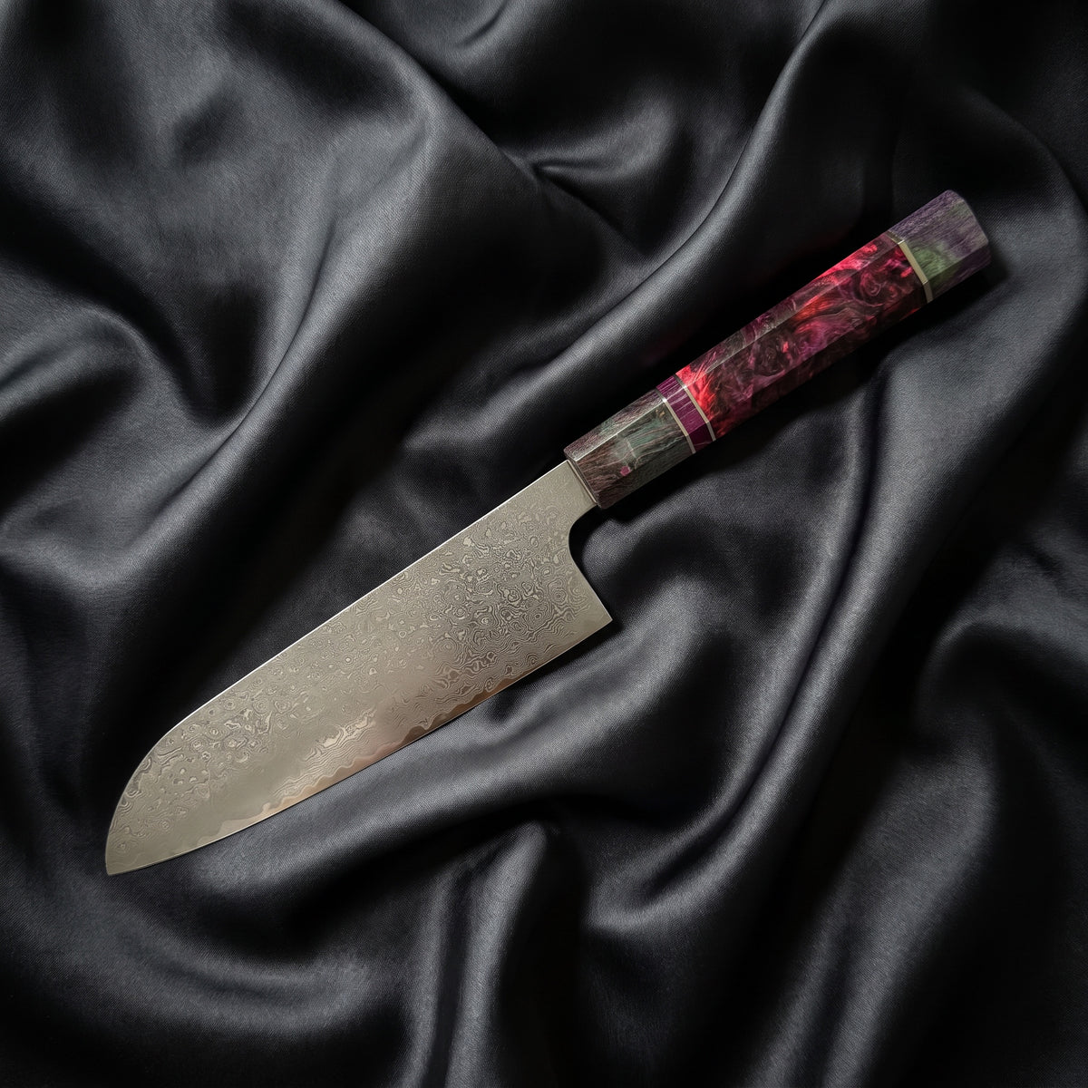 Kasumi Santoku Knife · full blade on black silk