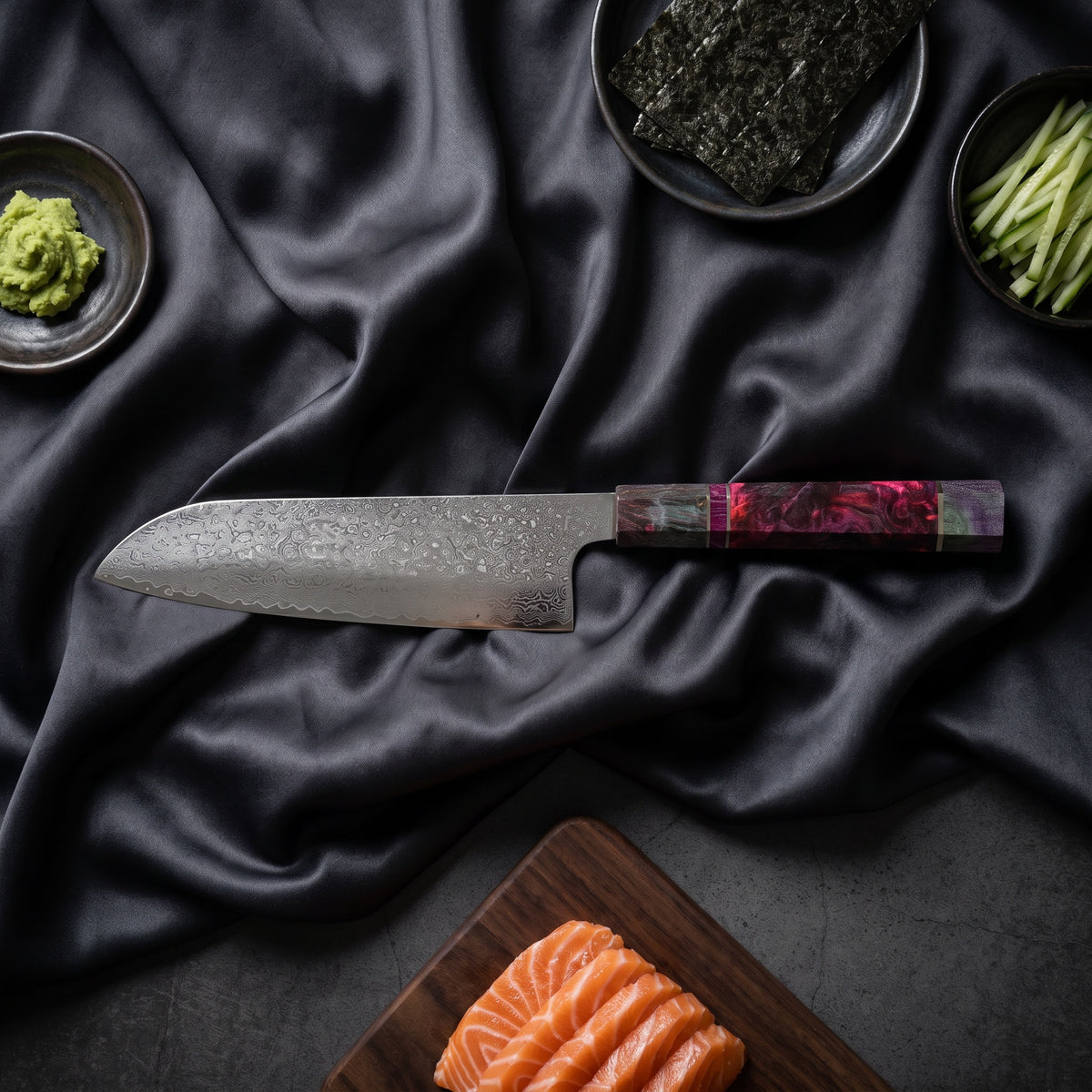 Kasumi Santoku Knife · on the cutting board