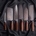 Komorebi Damascus Knife Set · the full set on black silk