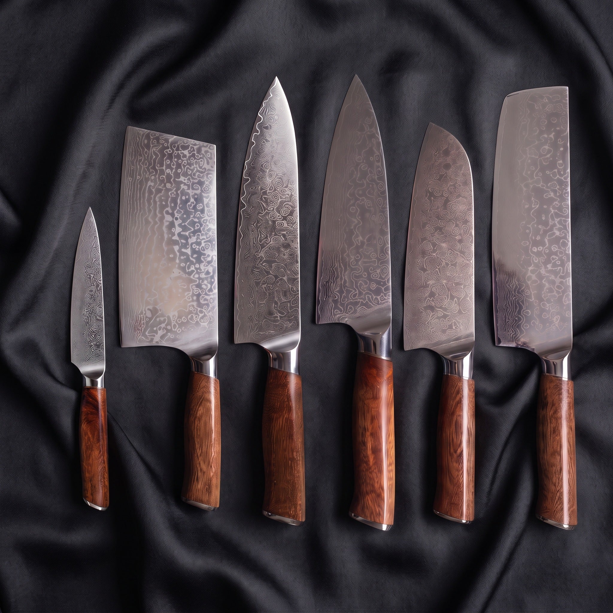 Komorebi Damascus Knife Set · the full set on black silk