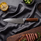 Komorebi Damascus Knife Set · on the cutting board