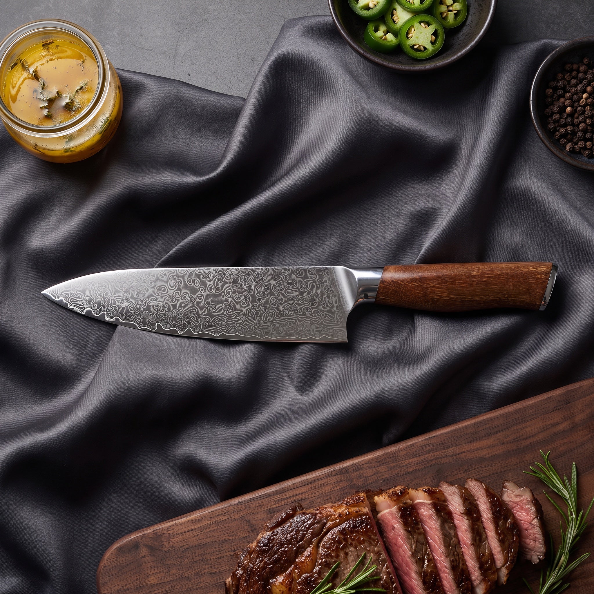 Komorebi Damascus Knife Set · on the cutting board