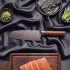 Komorebi Damascus Knife Set · on the cutting board