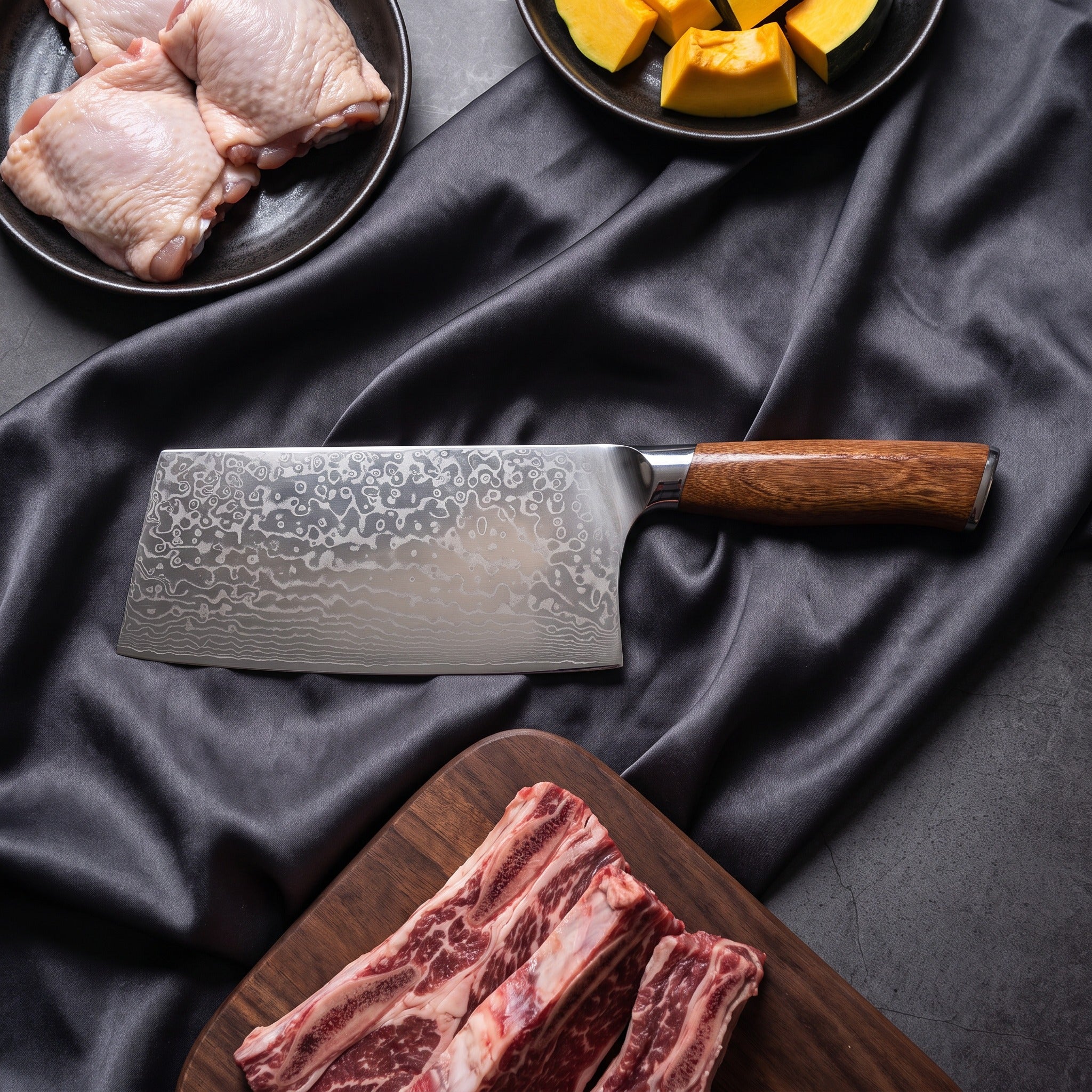 Komorebi Damascus Knife Set · on the cutting board