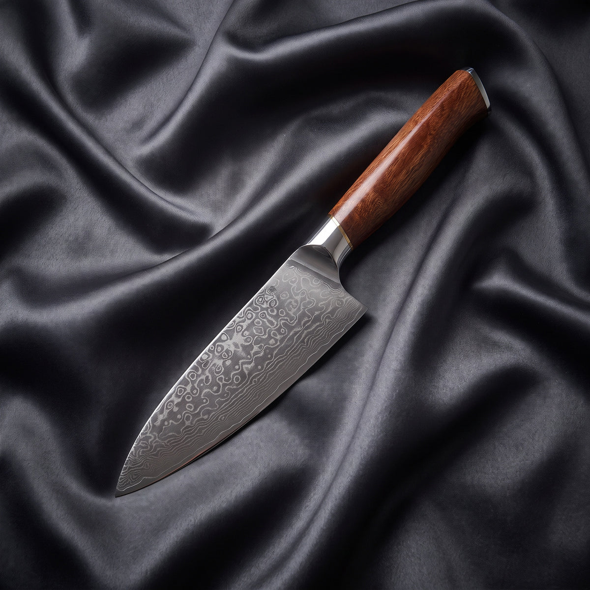 Komorebi Gyuto Chef Knife · full blade on black silk