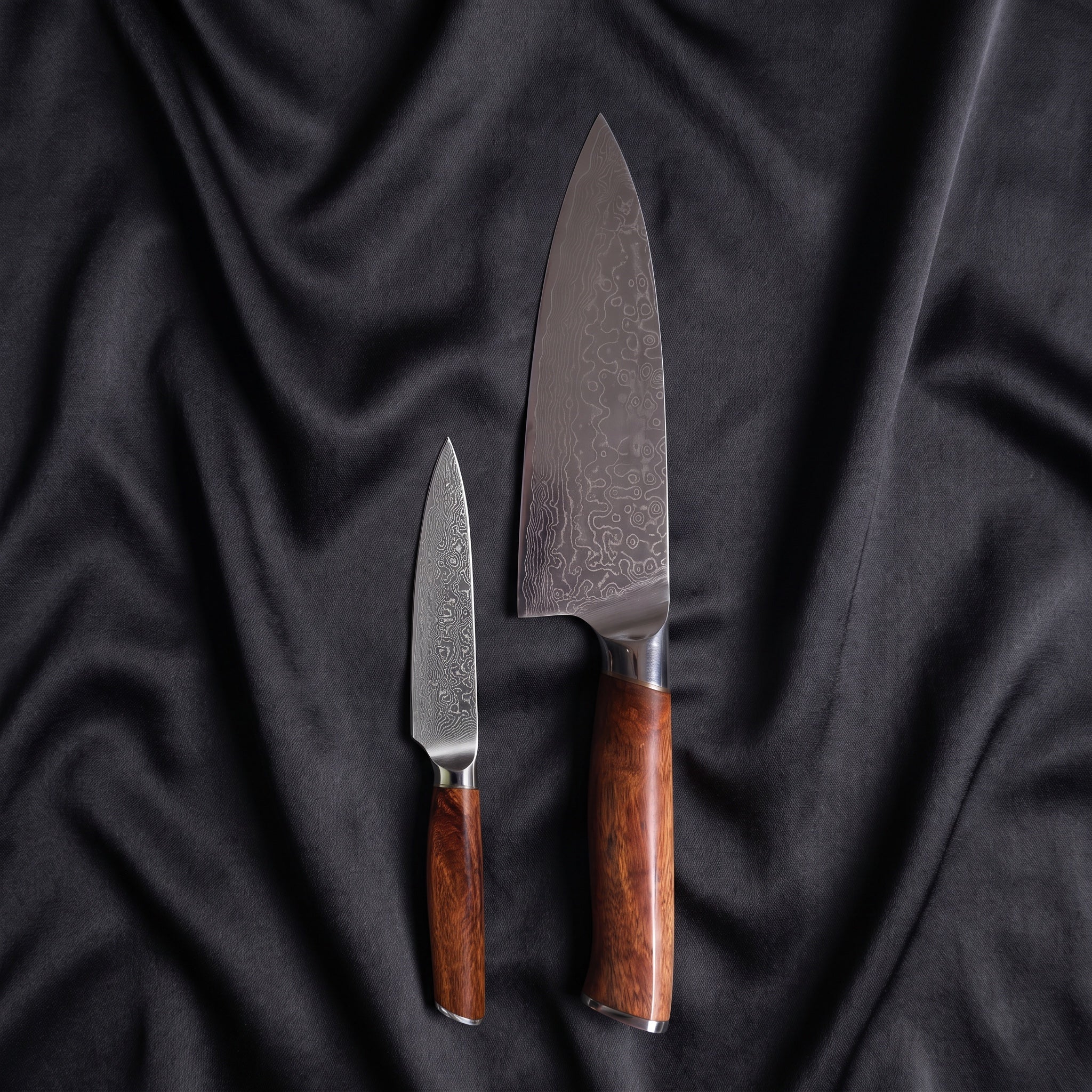 Komorebi Knife Duo (Gyuto & Petty) · the full set on black silk