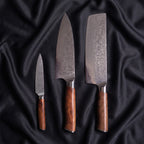 Komorebi Knife Trio (Gyuto, Nakiri & Petty) · the full set on black silk