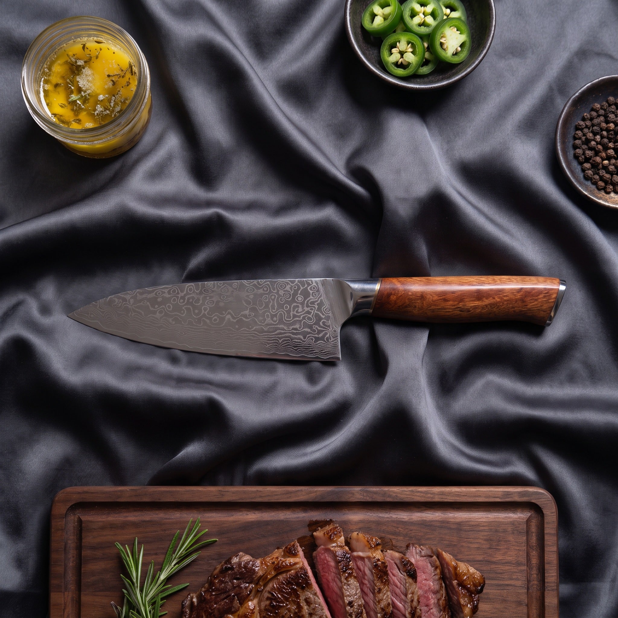 Komorebi Knife Trio (Gyuto, Nakiri & Petty) · on the cutting board