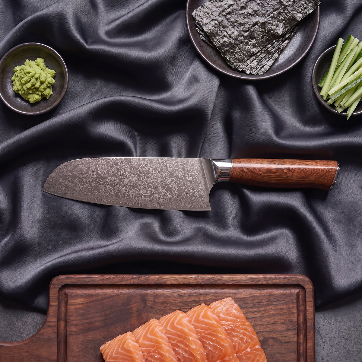 Komorebi Santoku Knife · on the cutting board