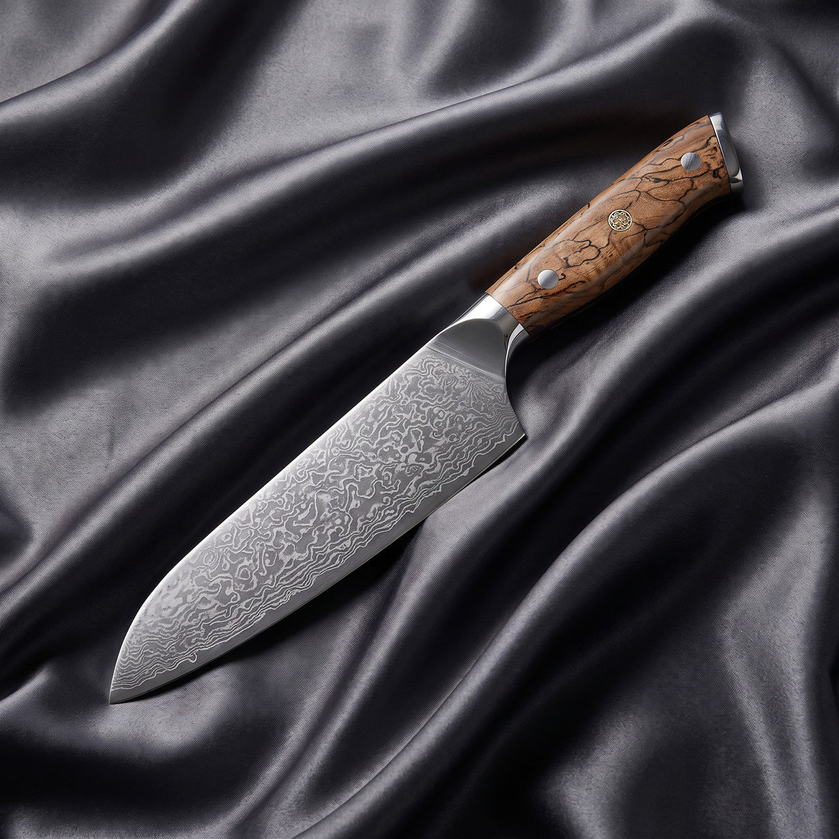 Konoha Santoku All-Purpose Knife · full blade on black silk