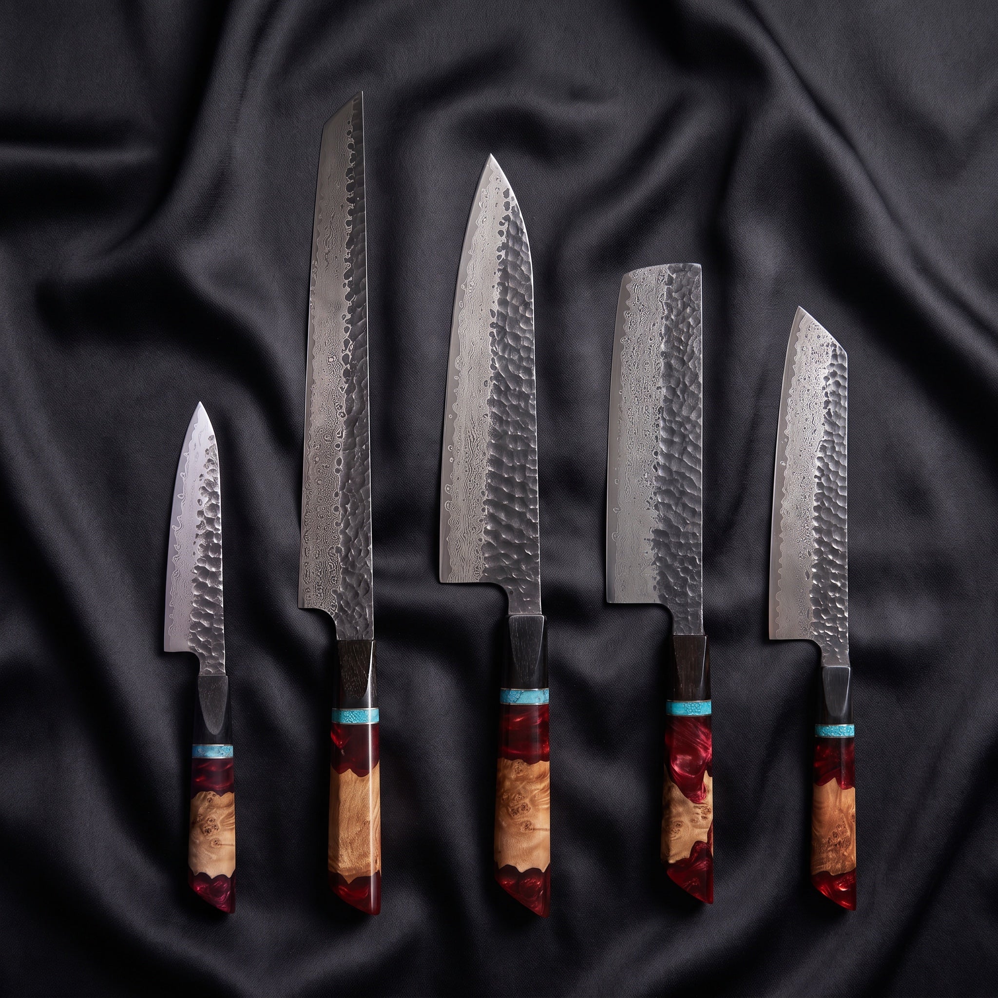 Minato Damascus Knife Set · the full set on black silk