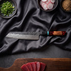 Minato Damascus Knife Set · on the cutting board