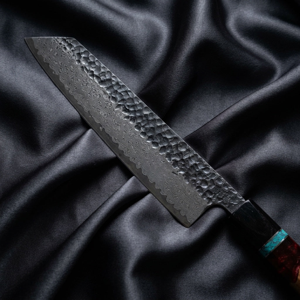 Minato Kiritsuke Chef Knife · Damascus blade close-up
