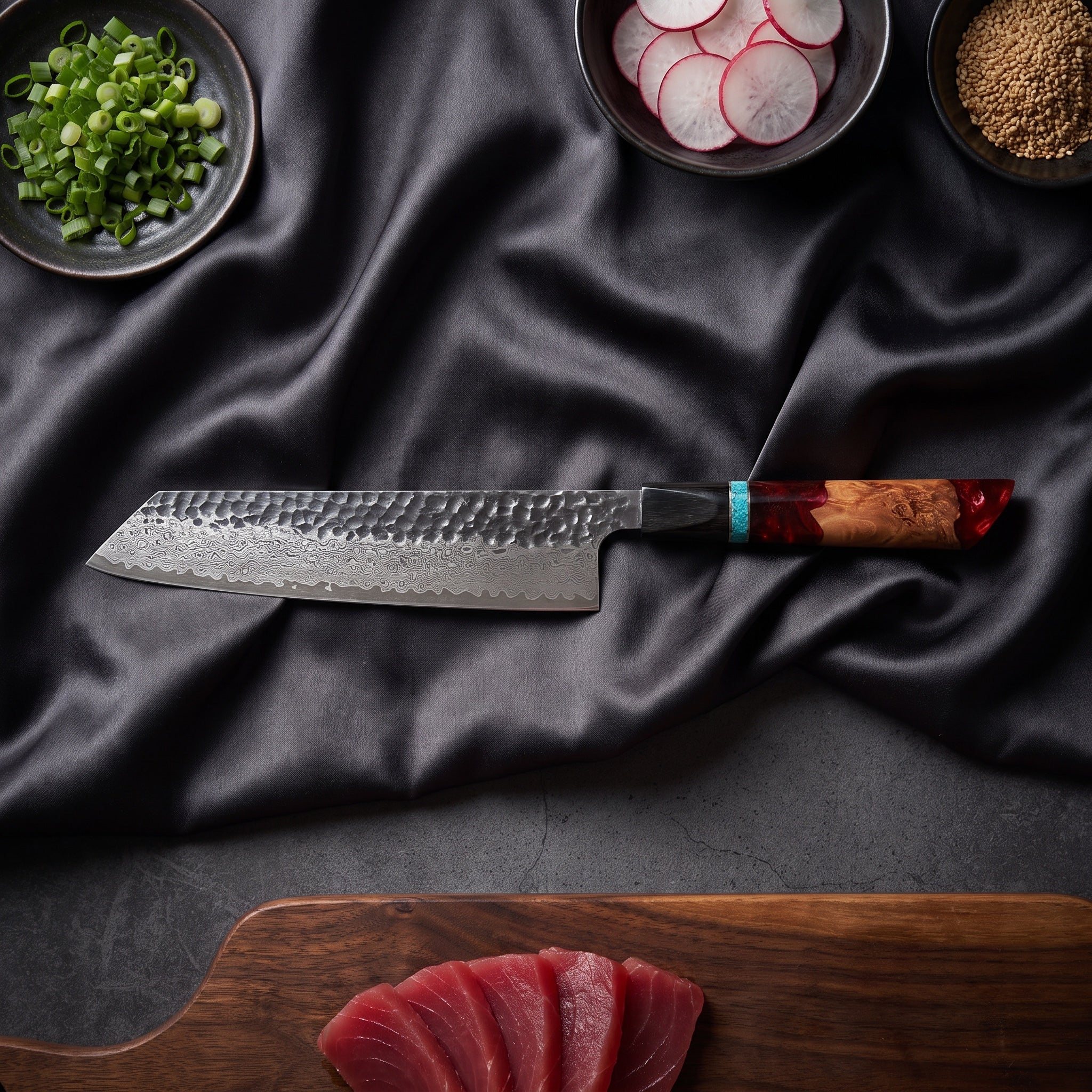 Minato Kiritsuke Chef Knife · on the cutting board