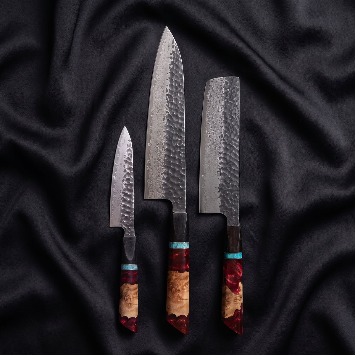 Minato Knife Trio (Gyuto, Nakiri & Petty) · the full set on black silk
