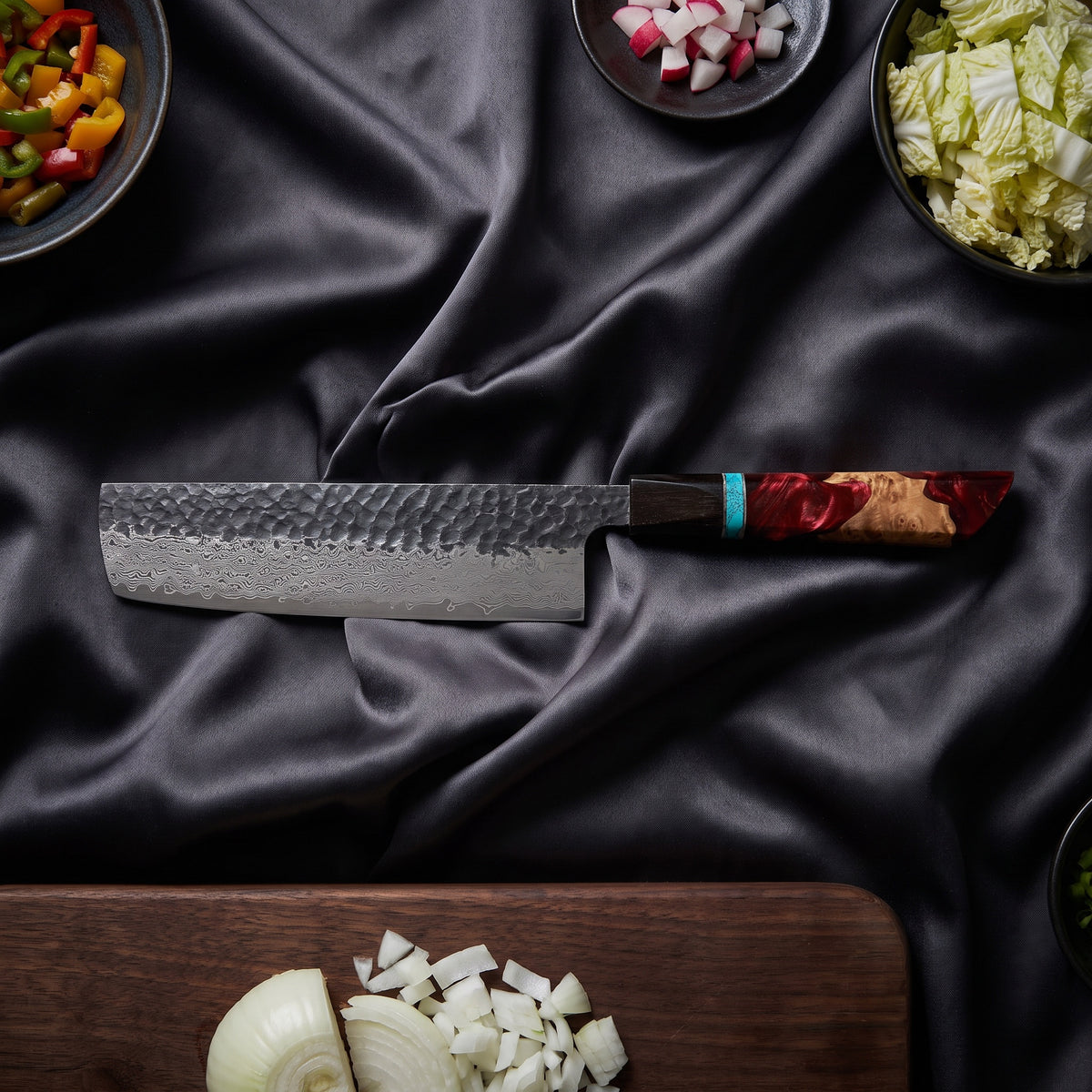 Minato Knife Trio (Gyuto, Nakiri & Petty) · on the cutting board