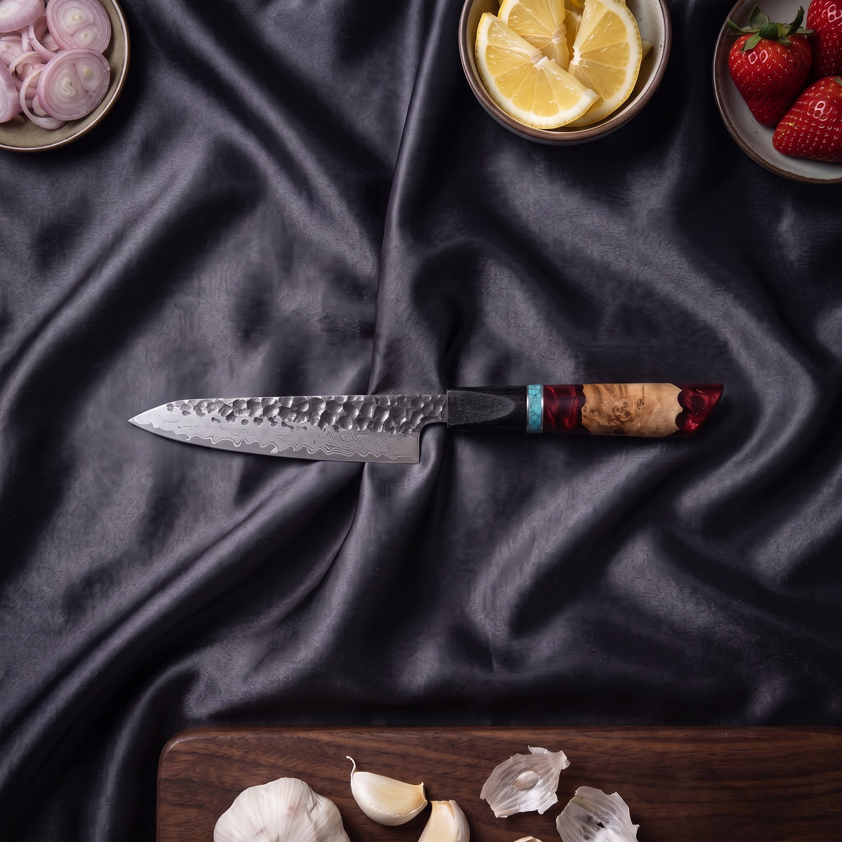 Minato Knife Trio (Gyuto, Nakiri & Petty) · on the cutting board
