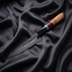 Minato Petty Utility Knife · full blade on black silk