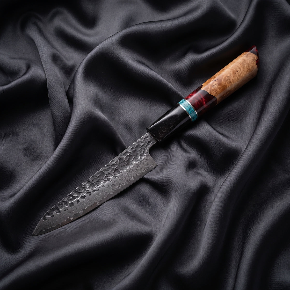 Minato Petty Utility Knife · full blade on black silk