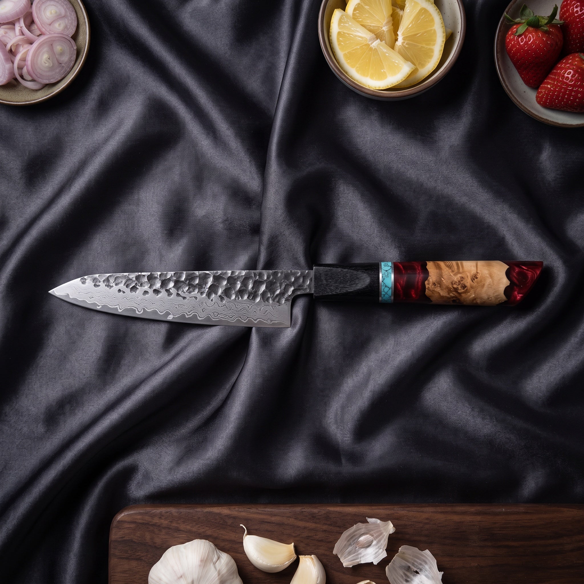 Minato Petty Utility Knife · on the cutting board