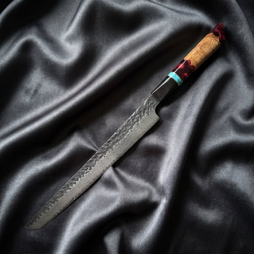 Minato Yanagiba Sashimi Knife · full blade on black silk