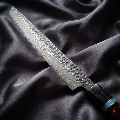 Minato Yanagiba Sashimi Knife · Damascus blade close-up