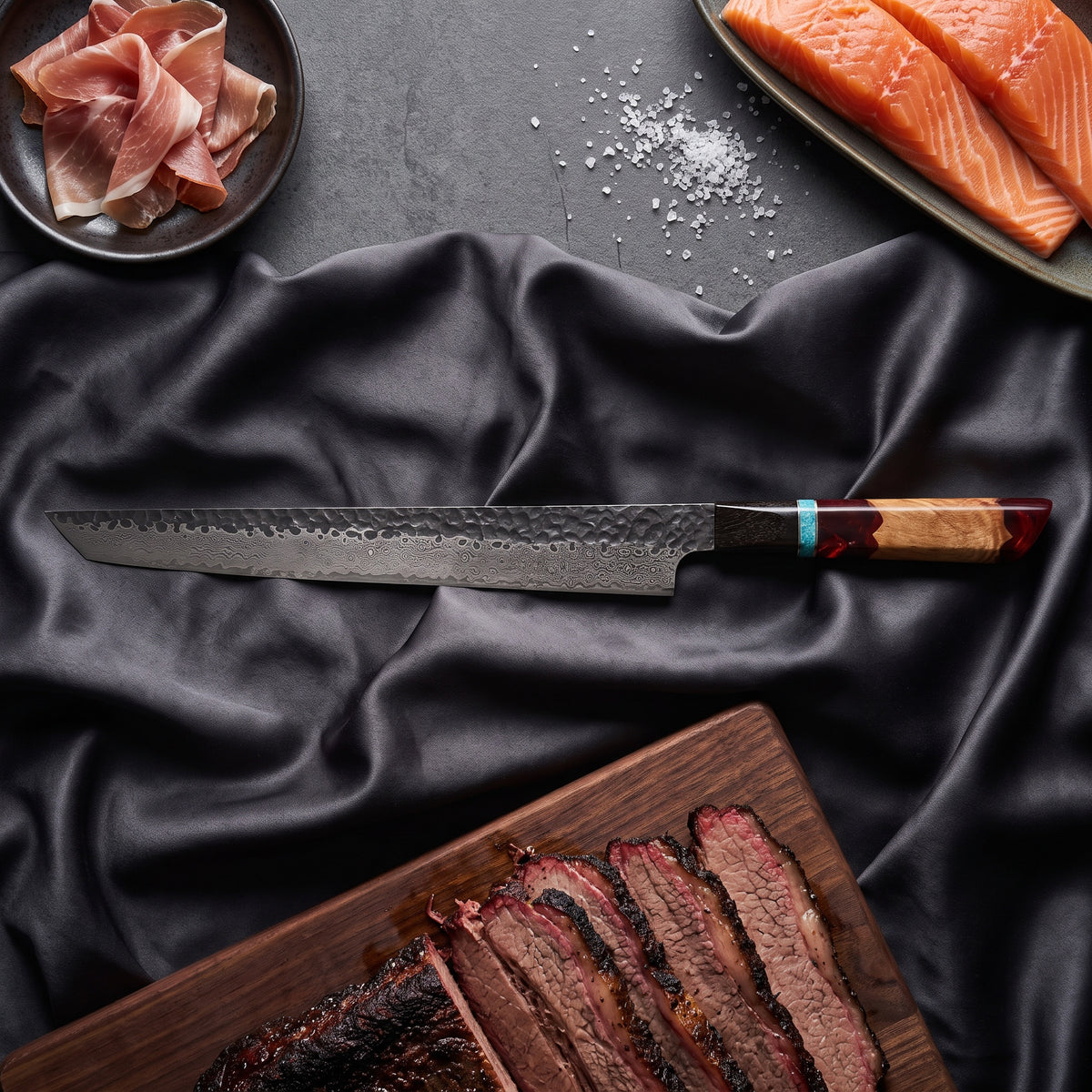 Minato Yanagiba Sashimi Knife · on the cutting board