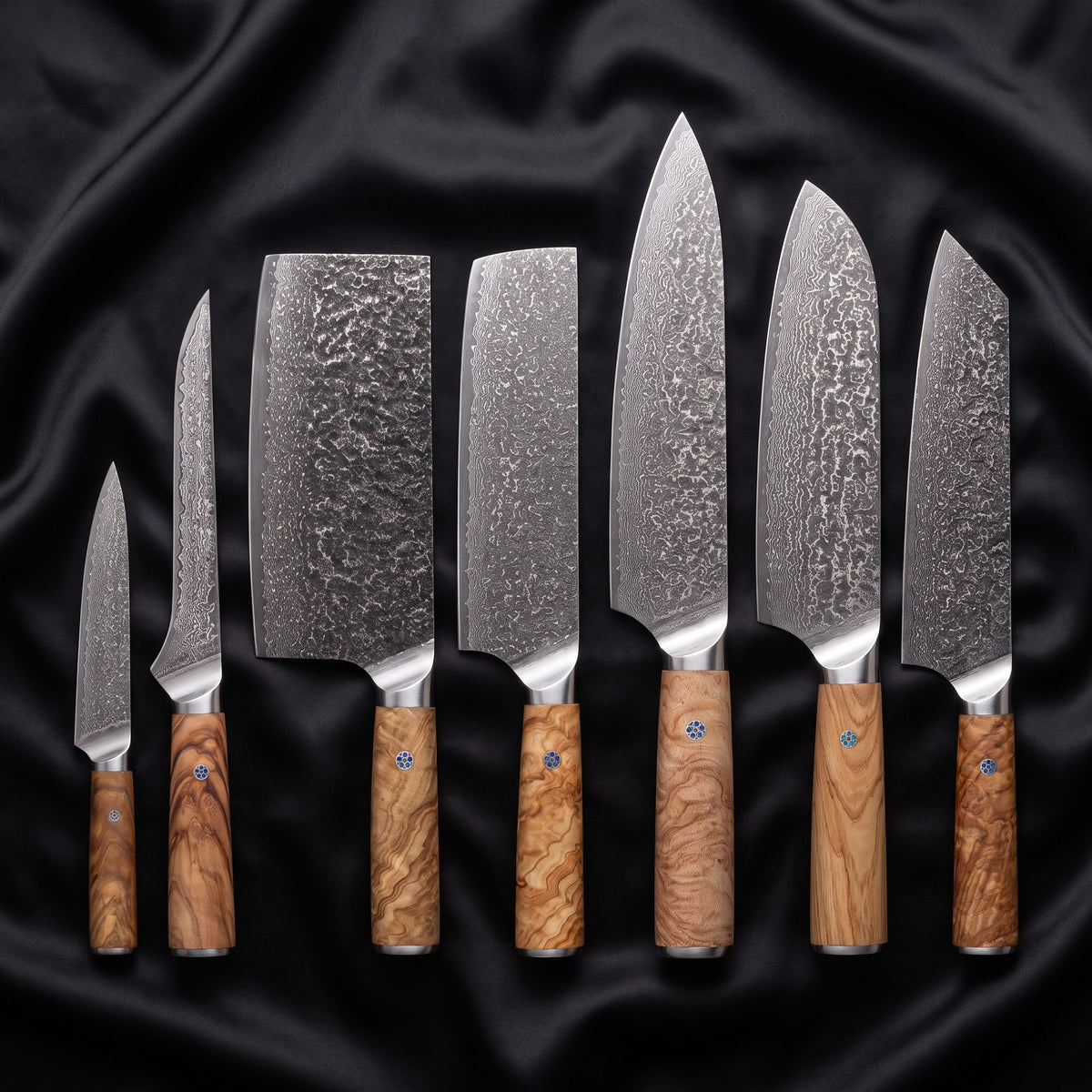Nishiki Damascus Knife Set · the full set on black silk