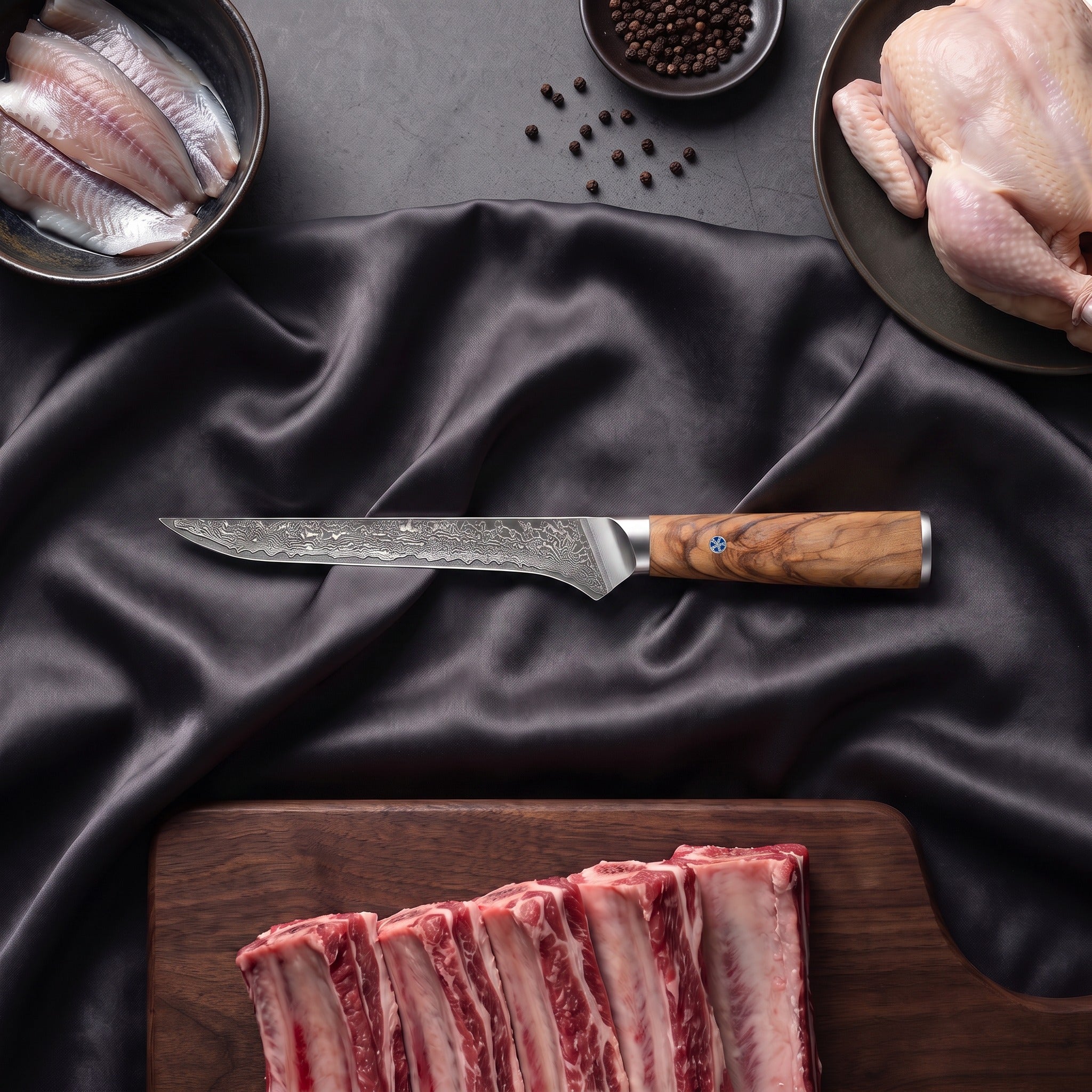 Nishiki Damascus Knife Set · on the cutting board
