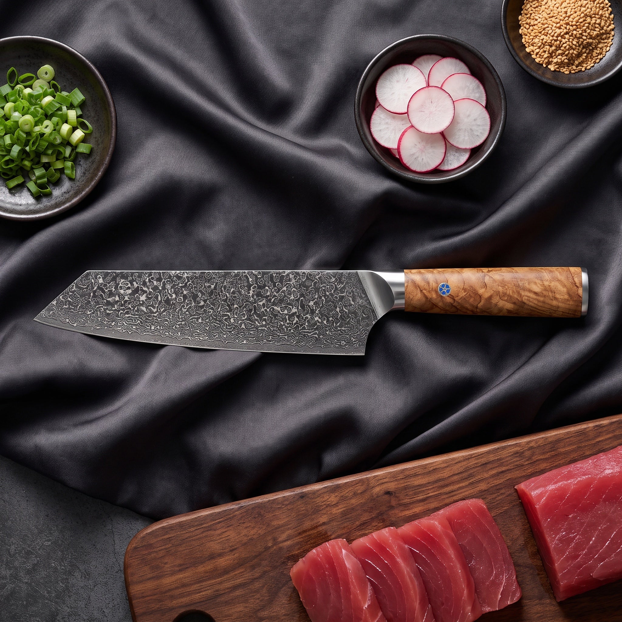 Nishiki Damascus Knife Set · on the cutting board