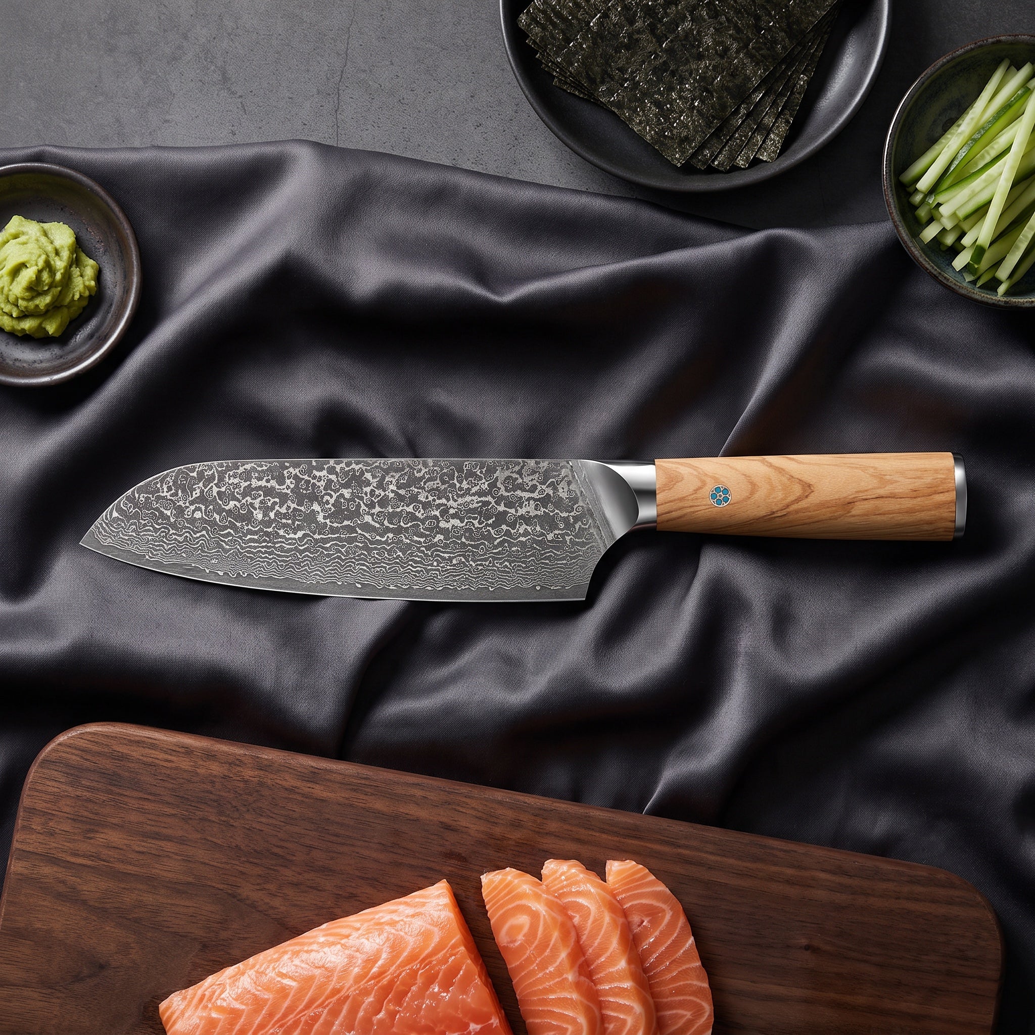 Nishiki Damascus Knife Set · on the cutting board