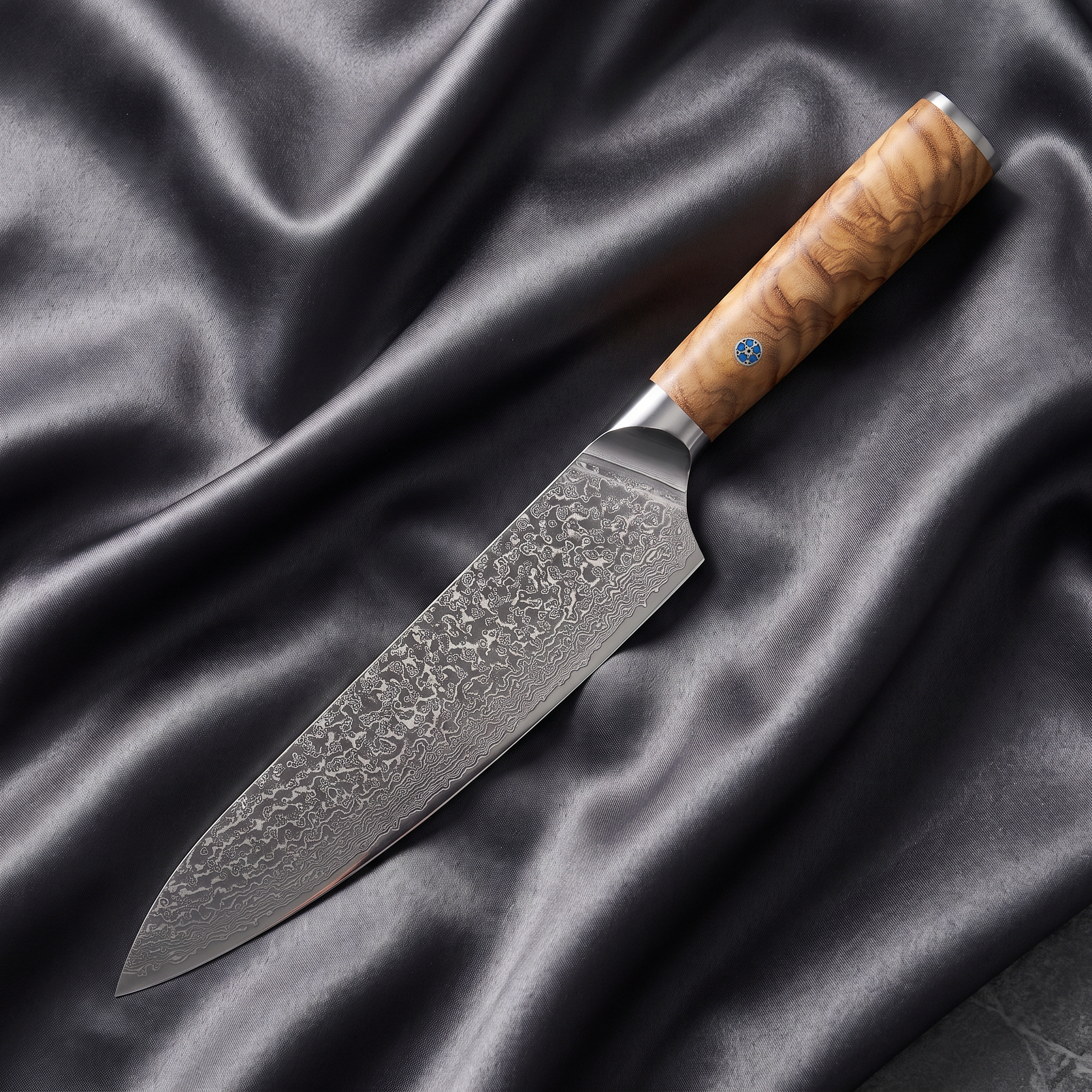 Nishiki Gyuto Chef Knife · full blade on black silk