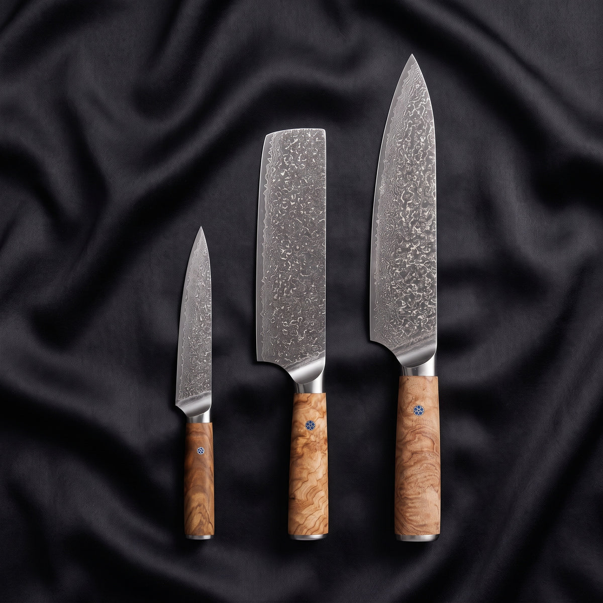 Nishiki Knife Trio (Gyuto, Nakiri & Petty) · the full set on black silk