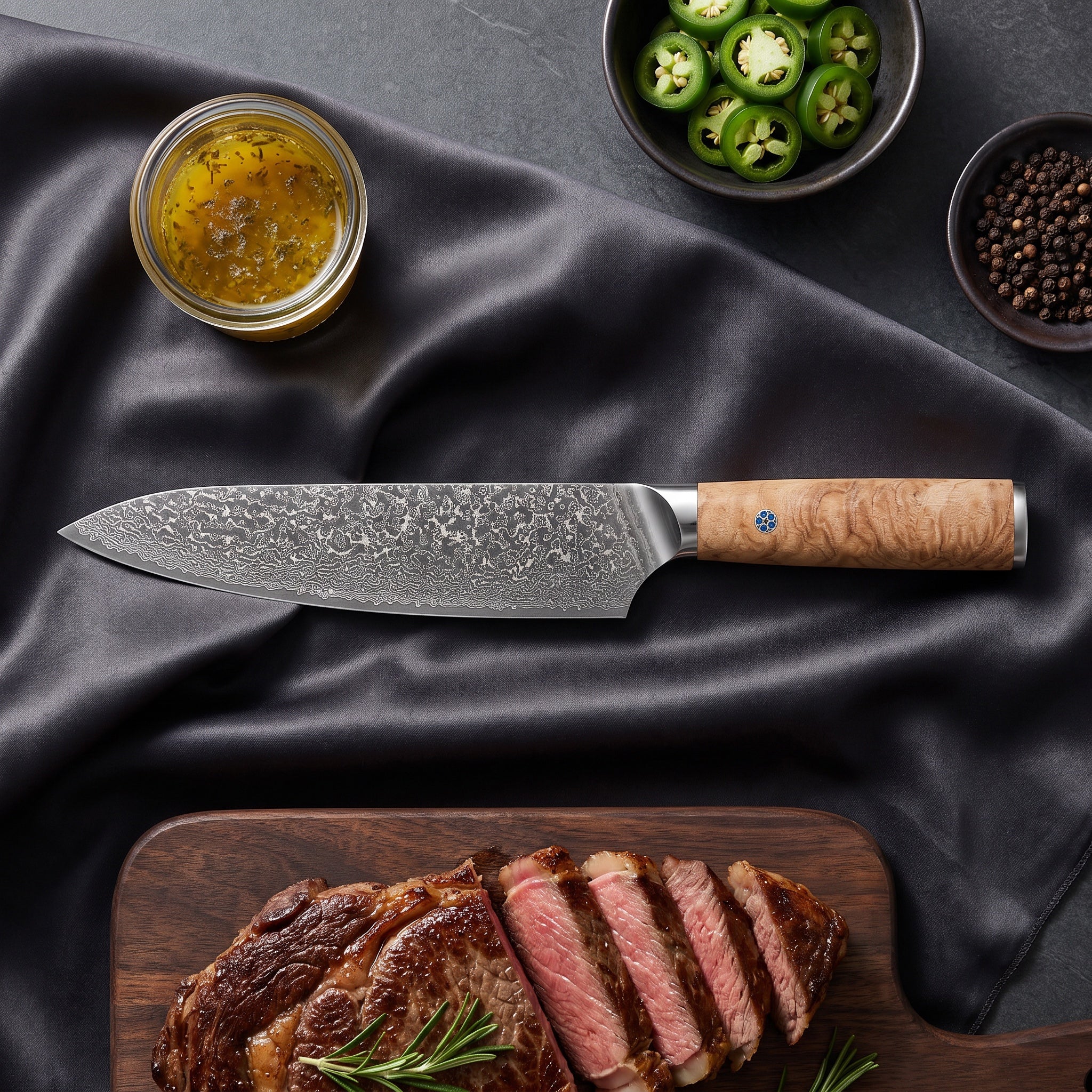 Nishiki Knife Trio (Gyuto, Nakiri & Petty) · on the cutting board