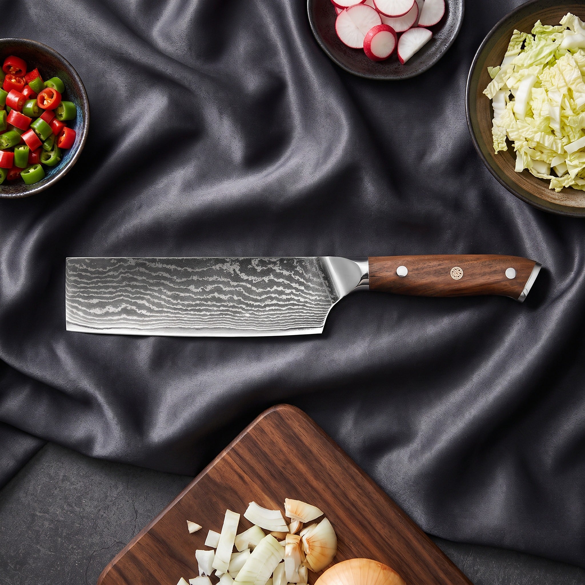 Okami Damascus Knife Set · Nakiri on the cutting board