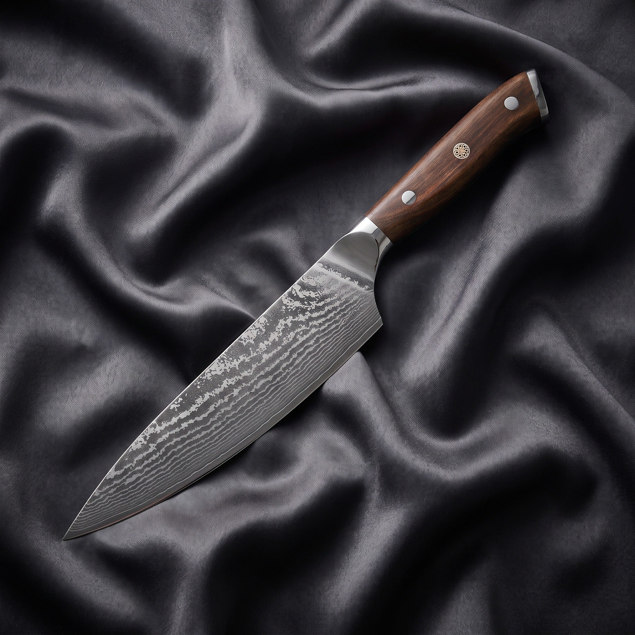 Okami Gyuto Chef Knife · full blade on black silk