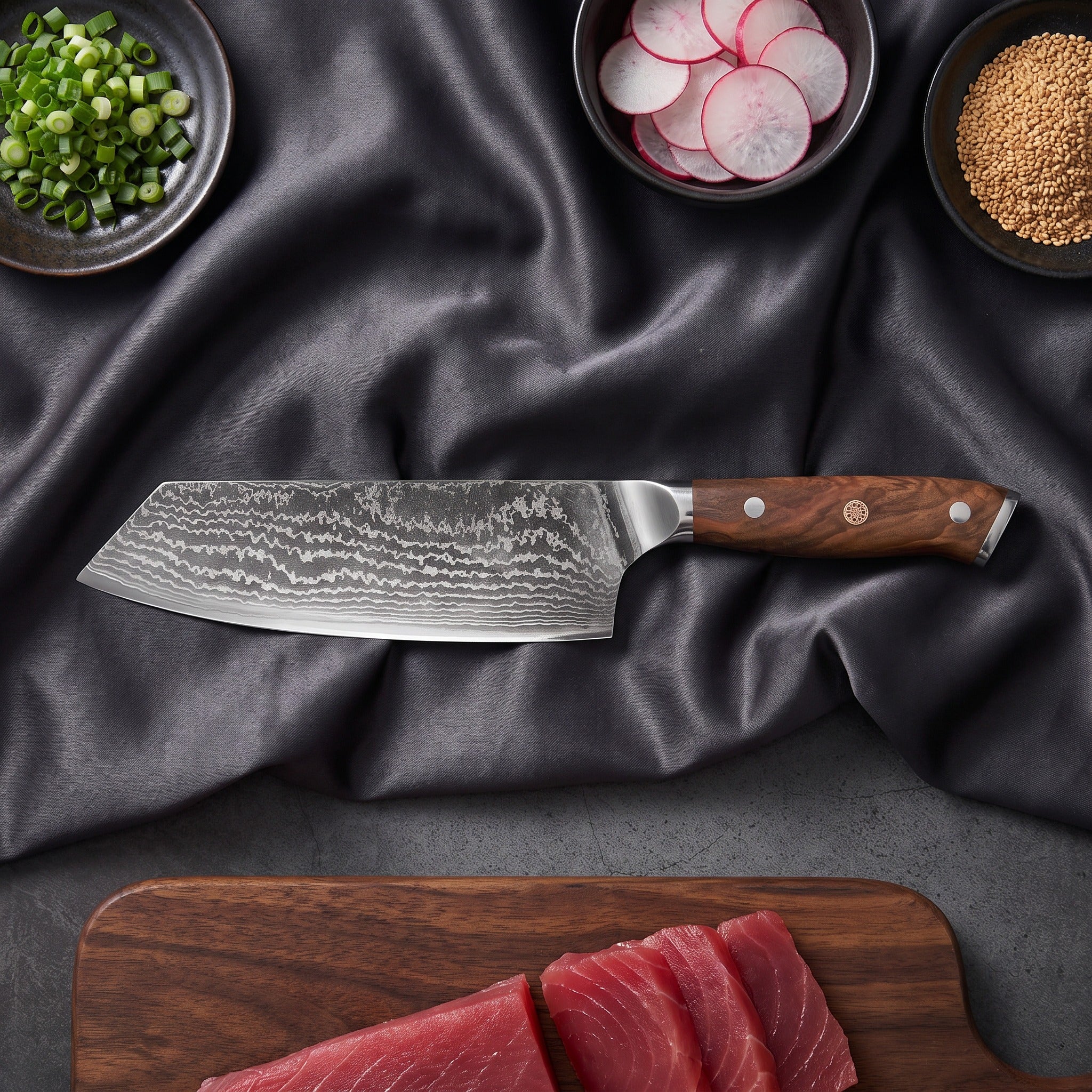 Okami Kiritsuke Chef-Slicer Knife · on the cutting board