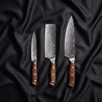 Okami Knife Trio (Gyuto, Nakiri & Petty) · the full set on black silk
