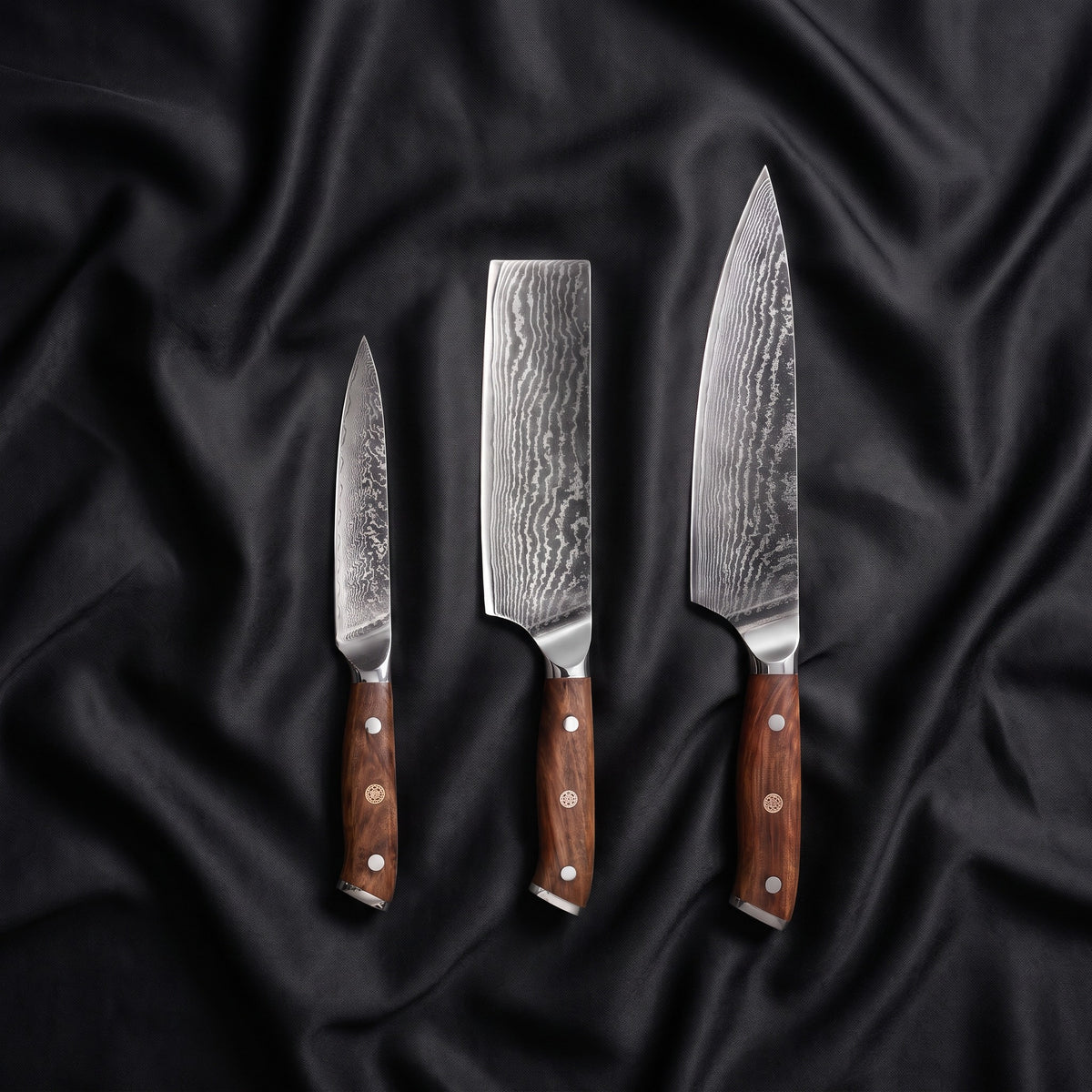 Okami Knife Trio (Gyuto, Nakiri & Petty) · the full set on black silk