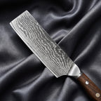 Okami Nakiri Vegetable Knife · Damascus blade close-up