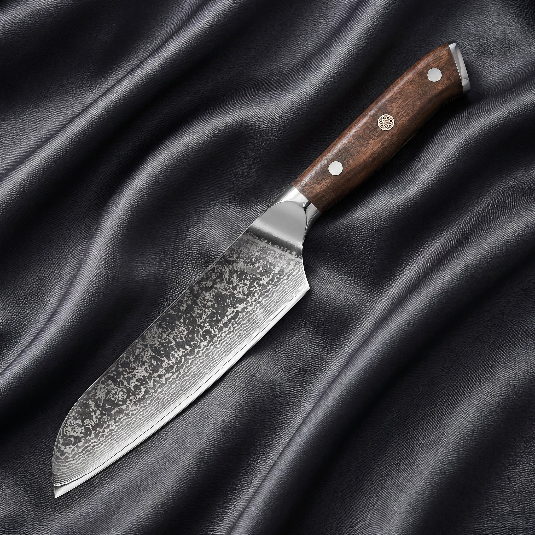 Okami Santoku All-Purpose Knife · full blade on black silk