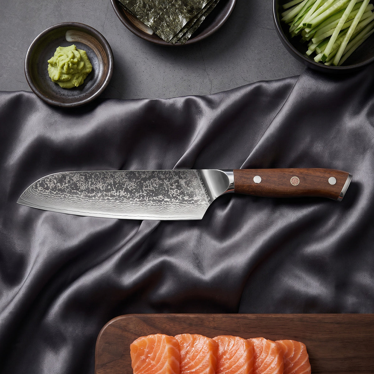 Okami Santoku All-Purpose Knife · on the cutting board