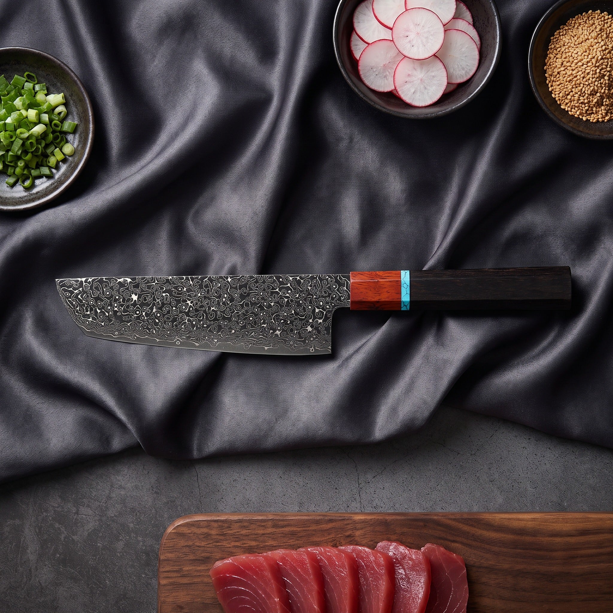 Raiden Bunka Knife · on the cutting board