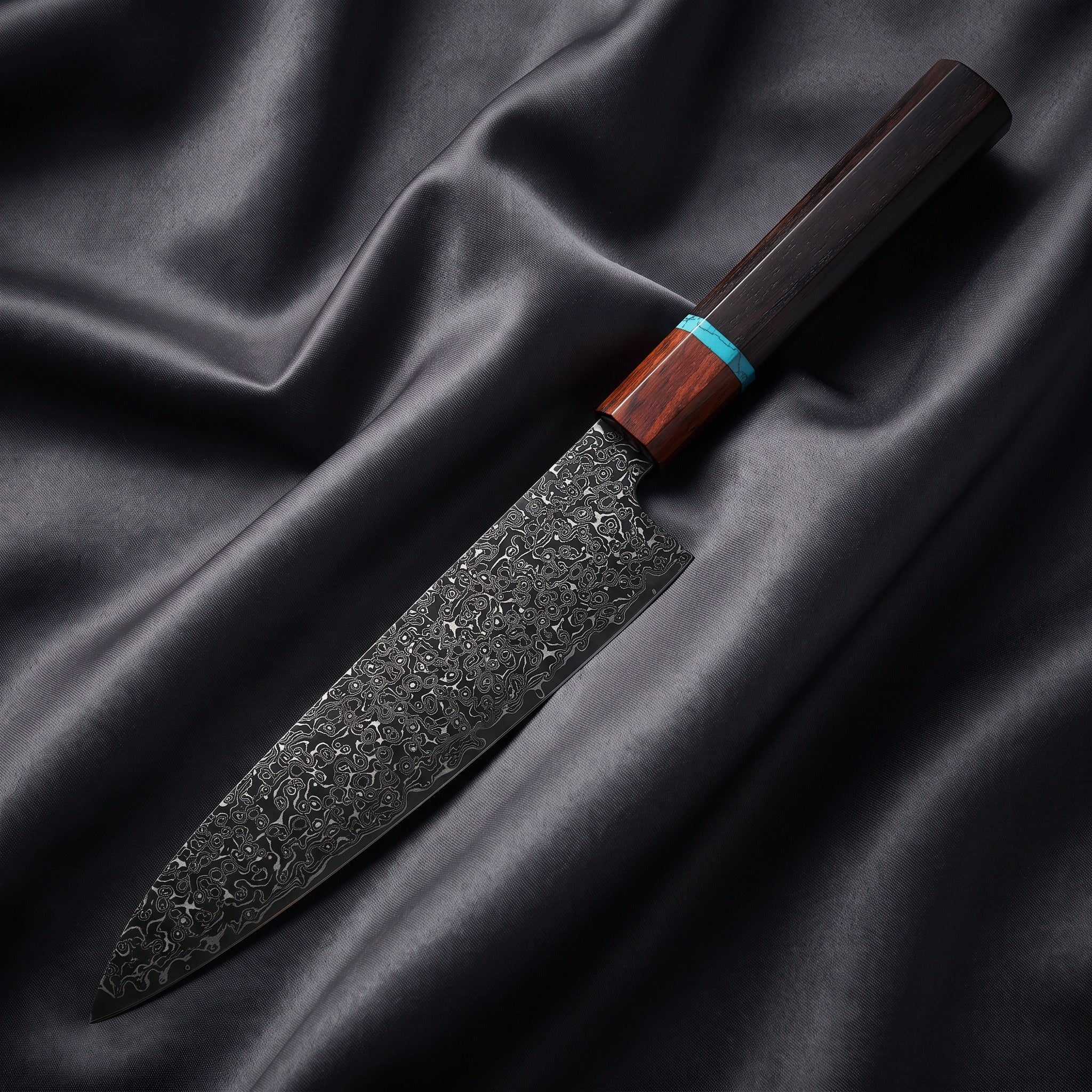 Raiden Gyuto Chef Knife · full blade on black silk