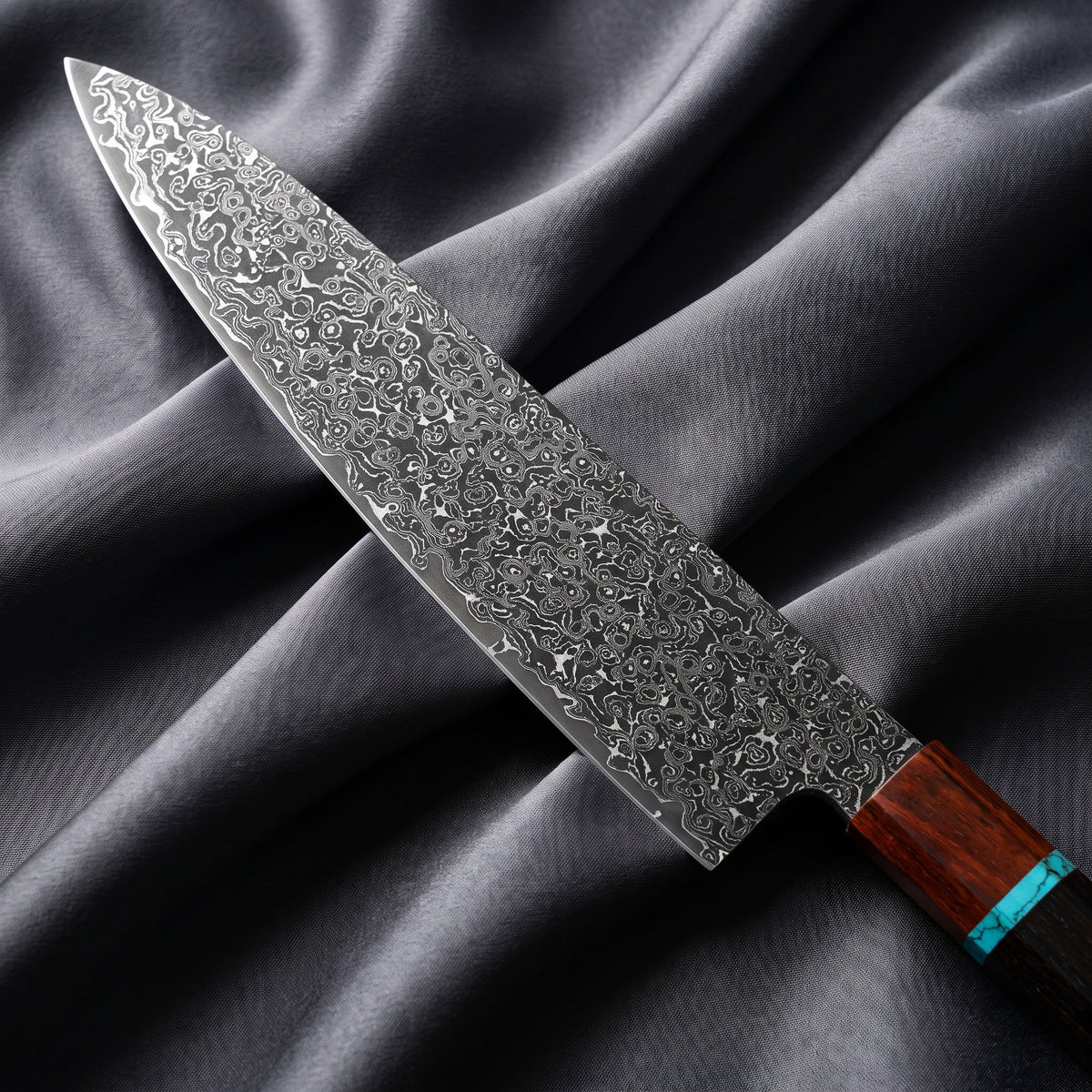 Raiden Gyuto Chef Knife · Damascus blade close-up