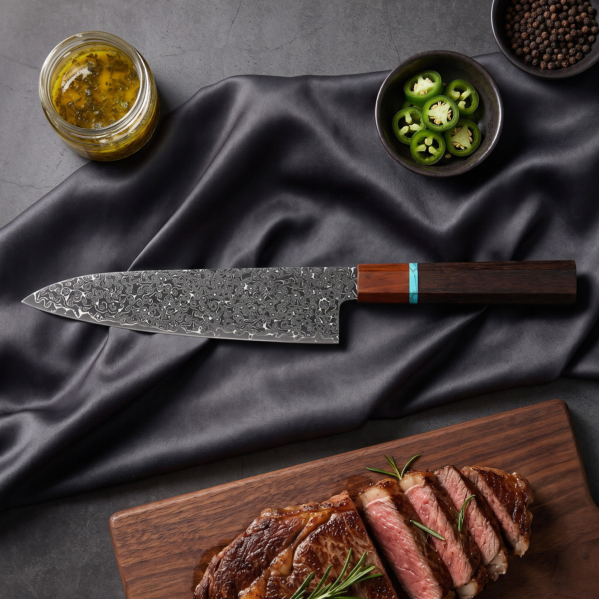 Raiden Gyuto Chef Knife · on the cutting board